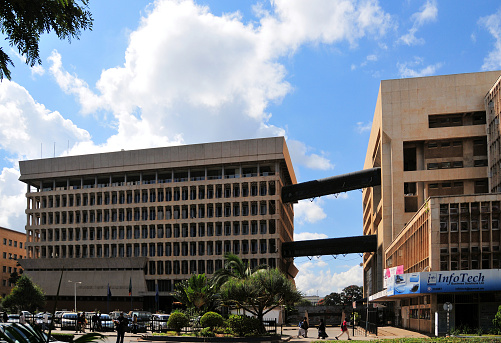 Lusaka, Zambia: headquarters of the Bank of Zambia, the central bank, issues the Zambian kwacha - the skywalks connect the BoZ to the next office building, Kenneth Kaunda House - Cairo Road, Central Business District