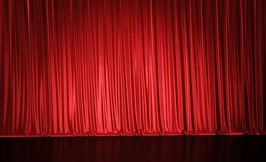 Theater stage with maroon red curtain with spotlight. Art performance background.