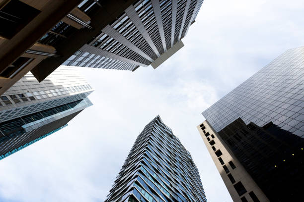 istock Low angle view of modern office buildings, skyscrapers, sky background with copy space 1314407548