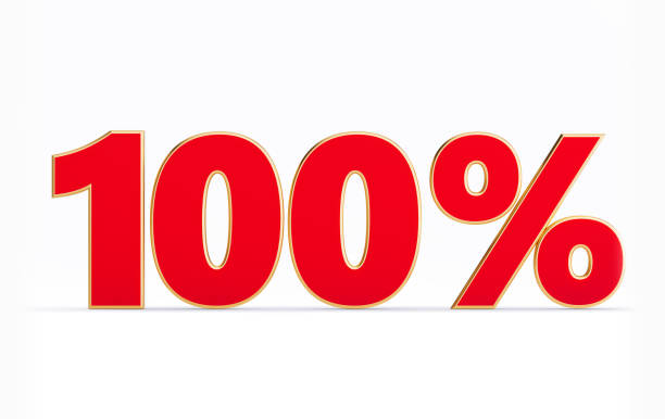 Red one hundred percent text sitting on white background. Horizontal composition with clipping path and copy space. Front view. Sale and discount concept.
