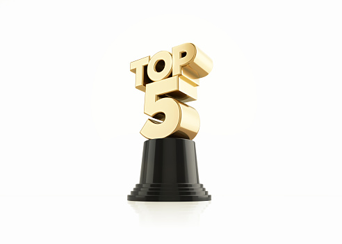 Gold colored top five award sitting on white background. Horizontal composition with copy space. Low angle view. Top five concept.