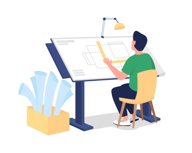 Male architect at work flat color vector faceless character Male architect at work flat color vector faceless character. Designer drawing floor blueprint. Professional workshop isolated cartoon illustration for web graphic design and animation architect stock illustrations