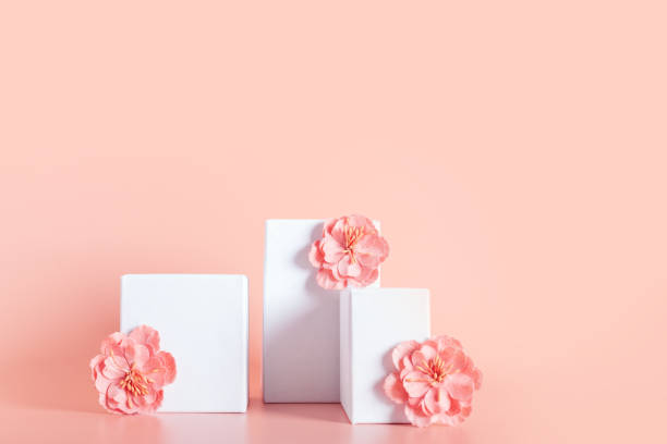 istock White empty stands decorated  flowers on beige background. 1314409618