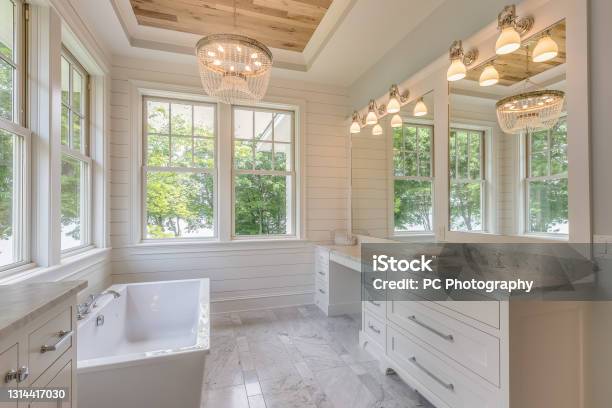 Gorgeous Master Bathroom With Wood Tray Ceiling Stock Photo - Download Image Now - Bathroom, Home Addition, Luxury
