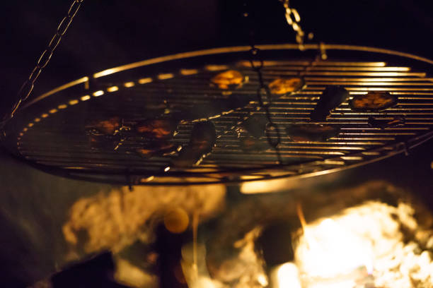 zucchini vegetable on grill roast over flame from bonfire