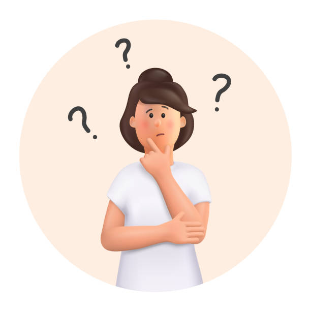 ilustrações de stock, clip art, desenhos animados e ícones de 3d cartoon character. young woman in a thoughtful pose. choice concept, woman thinking, with question mark.  3d vector illustration. - question mark asking problems thinking