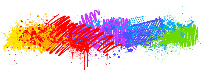 Rainbow paint splatters and marker pen on white vector background