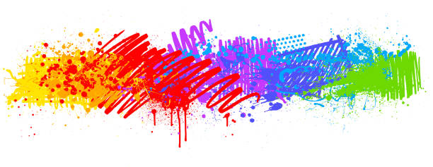 Rainbow paint splash marker pen background Rainbow paint splatters and marker pen on white vector background graffiti background stock illustrations