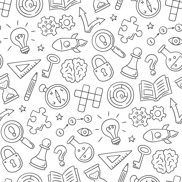 Puzzle and riddles. Hand drawn seamless pattern with crossword puzzle, maze, brain, chess piece, light bulb, labyrinth, gear, lock and key Puzzle and riddles. Hand drawn seamless pattern with crossword puzzle, maze, brain, chess piece, light bulb, labyrinth, gear, lock and key. Vector illustration in doodle style on white background crossword puzzle drawing stock illustrations