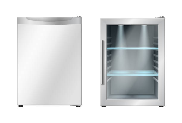 minikühlschrank mit offener und geschlossener tür. moderner gefrierschrank oder kleiner kühlschrank für hotelzimmer - small shelf stock-grafiken, -clipart, -cartoons und -symbole
