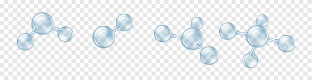 set von realistischen molekularen kugelblasen, transparente molekulare verbindungsmodelle - wasserstoff stock-grafiken, -clipart, -cartoons und -symbole