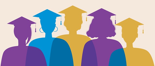Silhouette of graduates isolated. Flat vector stock illustration. Young graduates wearing square academic caps. Science symbol, higher education concept. Silhouette illustration