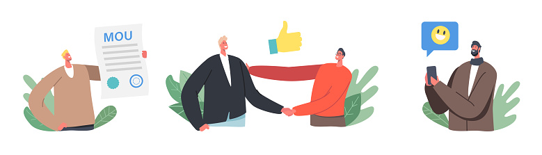 MOU Agreement Partnership Concept. Businesspeople Characters Sign Memorandum of Understanding Document That Describe Broad Outlines of Agreement That Parties Reach. Cartoon People Vector Illustration