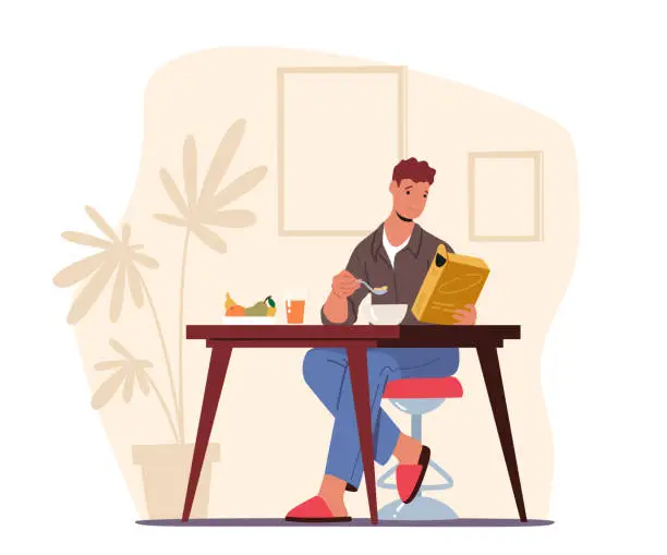 Vector illustration of Man in Pajama and Slippers Have Breakfast at Home Sitting at Table Drinking Juice and Eating Dry Snack. Daily Routine