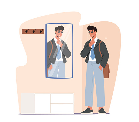 Man Going to Work. Handsome Male Character Wearing Formal Wear, Sunglasses and Belt Bag Stand front of Mirror in Corridor before Leaving Home. Daily Routine Concept. Cartoon Vector Illustration