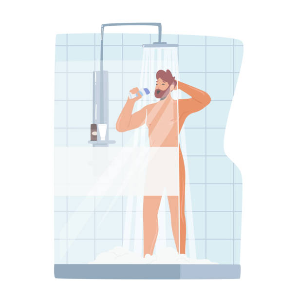 illustrations, cliparts, dessins animés et icônes de homme chantant dans la douche, procédure heureuse nue de lavage de bain de caractère s’imaginent en tant que chanteur avec la bouteille - men naked water male