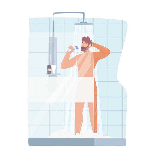 stockillustraties, clipart, cartoons en iconen met man zingen in douche, naakt gelukkig karakter baden hygiëne wassen procedure stel je voor als zanger met fles - hotel shampoo