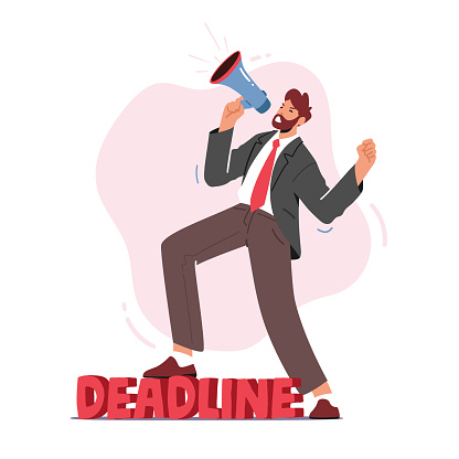 Anxious Businessman Yelling in Loudspeaker in Office. Angry Company Boss Character Hurry Workers with Job during Deadline, Manager Lifestyle, Stress, Lack of Time Concept. Cartoon Vector Illustration