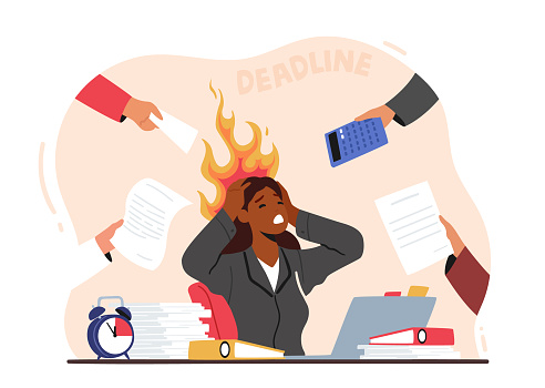 Overloaded Business Woman Holding Burning Head with Hands Sitting at Workplace with Messy Documents Heap Loaded with Hard Work in Office. Deadline and Time Lack Concept. Cartoon Vector Illustration