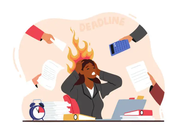 Vector illustration of Overloaded Business Woman Holding Burning Head with Hands Sitting at Workplace with Messy Documents Heap in Office