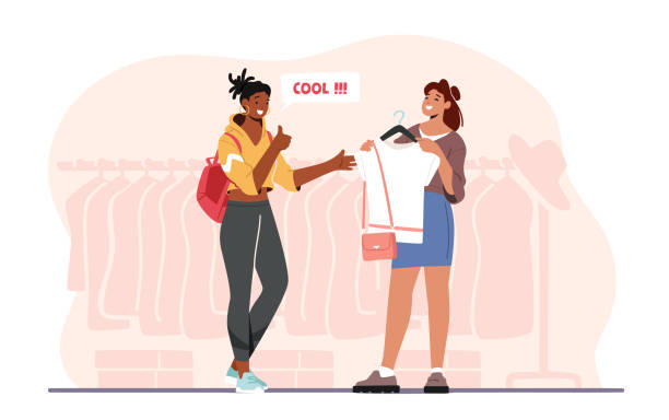 illustrazioni stock, clip art, cartoni animati e icone di tendenza di personaggio femminile shopper professionista e stilista di moda personale visita il negozio di abbigliamento per scegliere vestiti eleganti - personal shopper