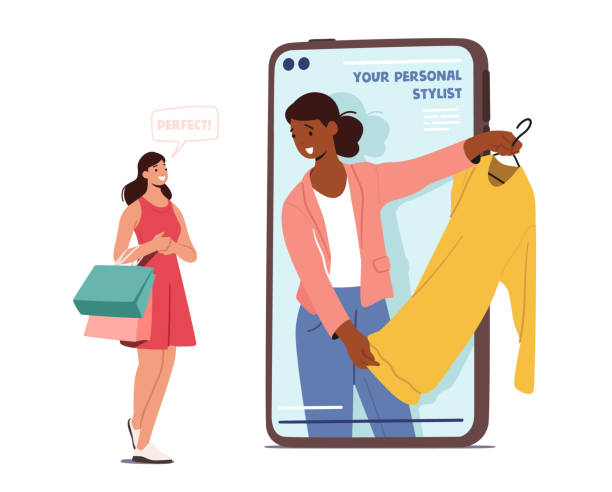 illustrazioni stock, clip art, cartoni animati e icone di tendenza di l'acquirente femminile professionista usa l'aiuto dello stilista di moda personale scegli abiti eleganti. donna che chiacchiera con il consulente - personal shopper