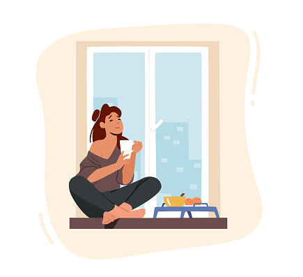 Girl Breakfast, Home Relaxation. Young Woman Sitting on Windowsill with Cup, Drinking Coffee with Fruits at Morning Looking through Window. Girl Routine, Spare Time. Cartoon Vector Illustration