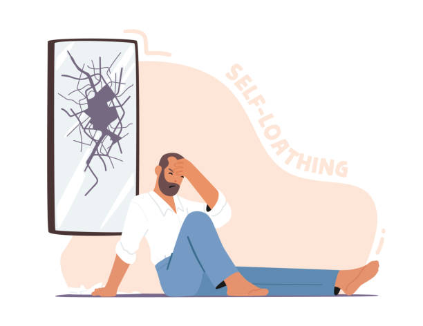 Self Loathing and Anger. Depressed Unhappy Man Sit on Floor with Broken Head near Cracked Mirror. Mind Health Problem Self Loathing and Anger Concept. Depressed Unhappy Man Sitting on Floor with Broken Head near Cracked Mirror. Male Character need Psychological Help, Mind Health Problem. Cartoon Vector Illustration cartoon of broken mirror stock illustrations