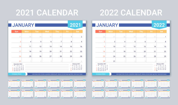 2021 2022 year calendar. Planner template. Vector illustration. Calendar for 2021 2022 years. Planner calender template. Week starts Sunday. Vector. Yearly stationery organizer with 12 month. Horizontal monthly diary layout. Table schedule grid. Color illustration calendar 2022 stock illustrations