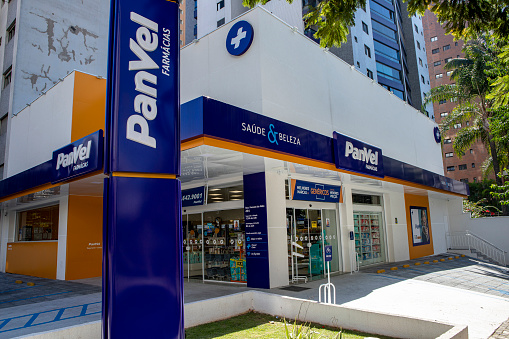 Sao Paulo SP - Brasil - April 25 2021 - Facade of a Panvel franchise pharmacy at Sao Paulo, Brazil