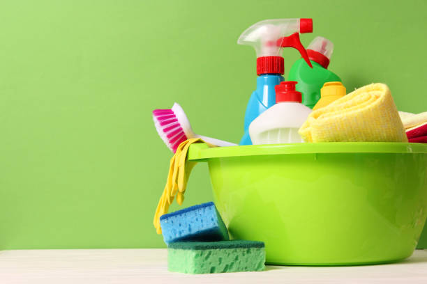 istock Means for cleaning and disinfection close-up on a colored background. 1314430042
