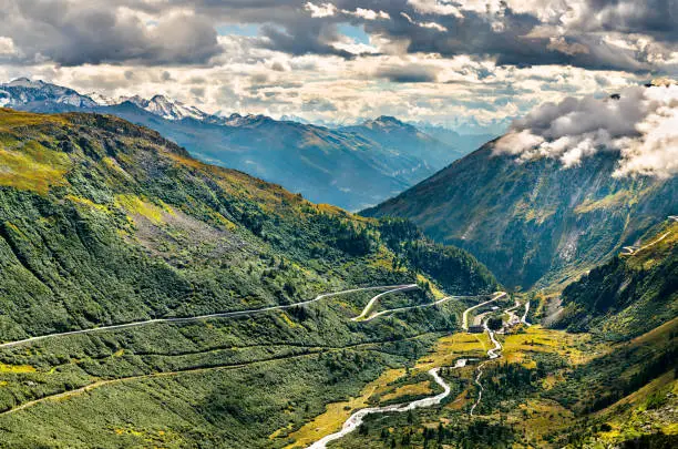 Zig-zag road to the Furka Pass in the Swiss Alps