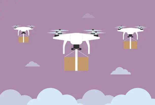 Vector illustration of Drones ship a package