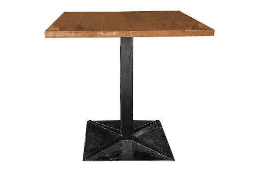 Modern wooden table with steel legs on white backgrounds, work with path.