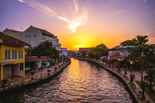canal and the old town in melaka, or malacca, Malaysia at dusk