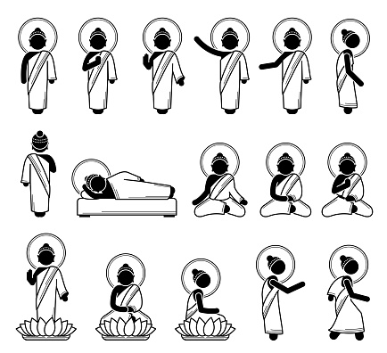 Vector illustrations of Gautama Buddha standing, sitting, and laying down.