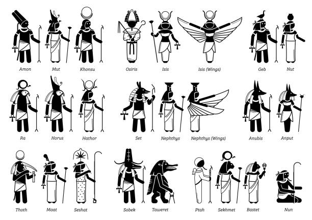 ilustraciones, imágenes clip art, dibujos animados e iconos de stock de dios, diosa y deidades egipcias antiguas en iconos de figuras de palo. - diosa de la justicia y de la verdad