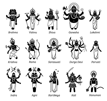 Vector illustrations of popular Hindu deities Brahma, Vishnu, Shiva, Genesha, Lakshmi, Krishna, Rama, Saraswati, Durga Devi, Kali, and Hanuman.