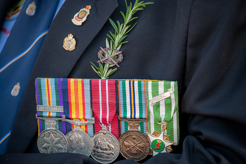 Lismore,NSW, Australia-April 25, 2021\nWar medals proudly displayed on Anzac Day