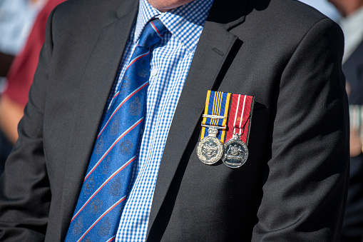 Lismore,NSW, Australia-April 25, 2021\nWar medals proudly displayed on Anzac Day