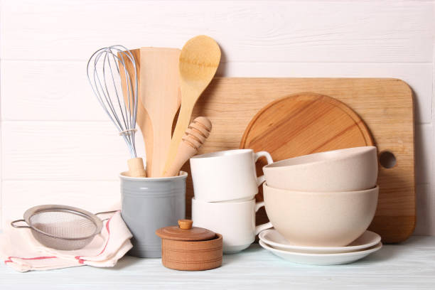 istock set of dishes close-up on a colored background. Kitchen appliances 1314445620