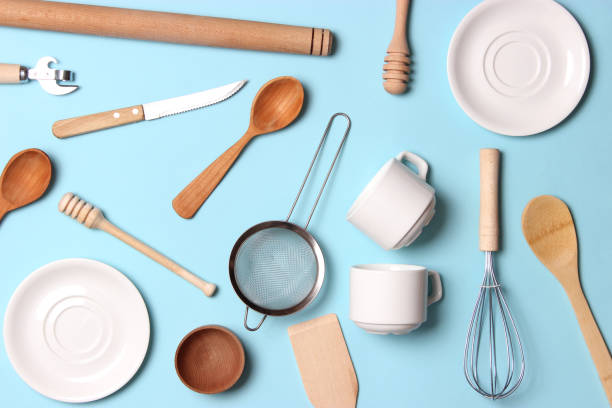 istock set of dishes close-up on a colored background. Kitchen appliances. 1314446640