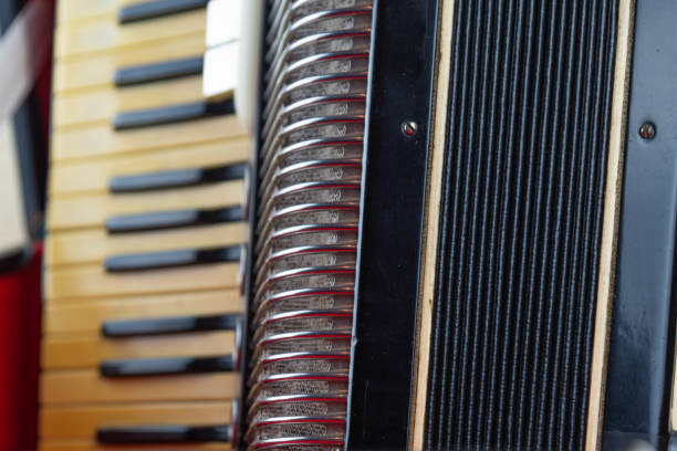 Old musical accordion isolated on dark background Old musical accordion isolated on dark background. Accordion in close up. Musical instrument of the harmonic family. Musical equipment. Accordion for music students. accordion instrument stock pictures, royalty-free photos & images