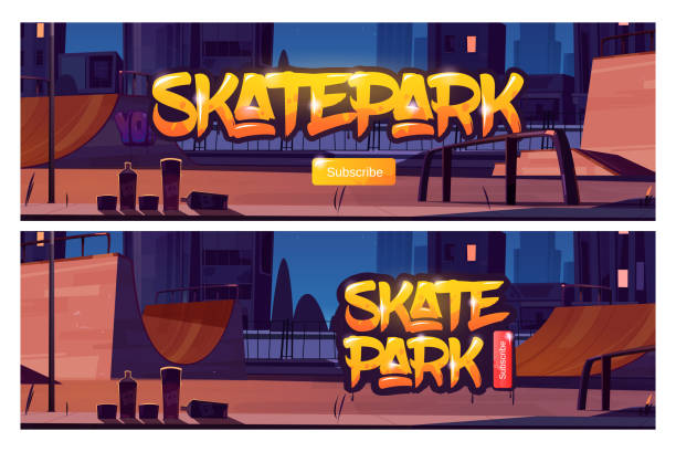 illustrazioni stock, clip art, cartoni animati e icone di tendenza di striscioni web skate park con rampe e graffiti - skateboard court