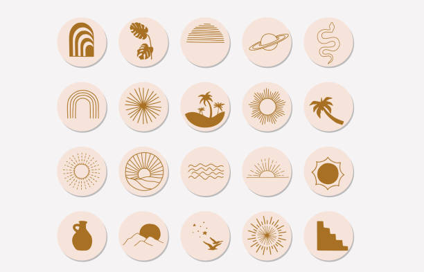 nature object collection with sun,mountain,rainbow for social media,sticker nature object collection with sun,mountain,rainbow for social media,sticker tattoo icons stock illustrations