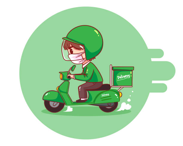 istock Food delivery man riding motorcycles cartoon art illustration 1314453470