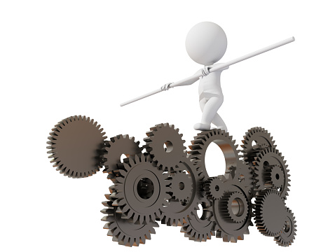 acrobat manager worker balancing on system engine  gears isolated, - 3d rendering