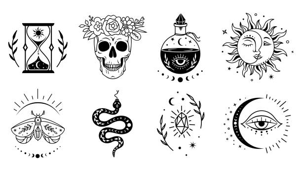 Mystical witchcraft symbol set. Vector boho design. Magic, esoteric silhouettes. Boho design elements set. Witchcraft mystical silhouettes. Magic monochrome illustration. Occult and esoteric vector symbol. Alchemy prints collection. occult symbols stock illustrations