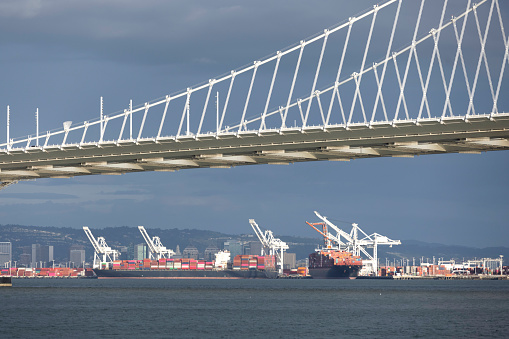 High quality stock photos of the Oakland Bay Bridge with the Port of Oakland .