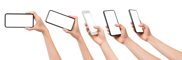 istock Gesture collection of hand holding smartphone with blank screen, mock-up for application mobile, modern design with clipping path. 1314455631